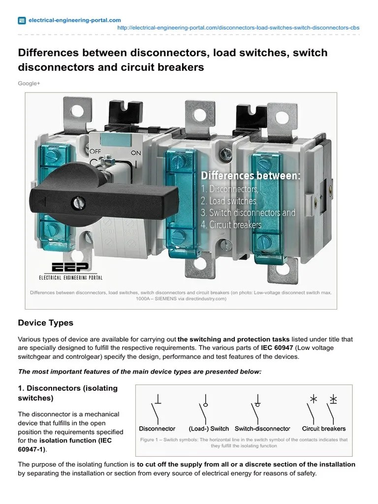 Differences Between Disconnectors, Load Switches, Switch Disconnectors, and Circuit Breakers A