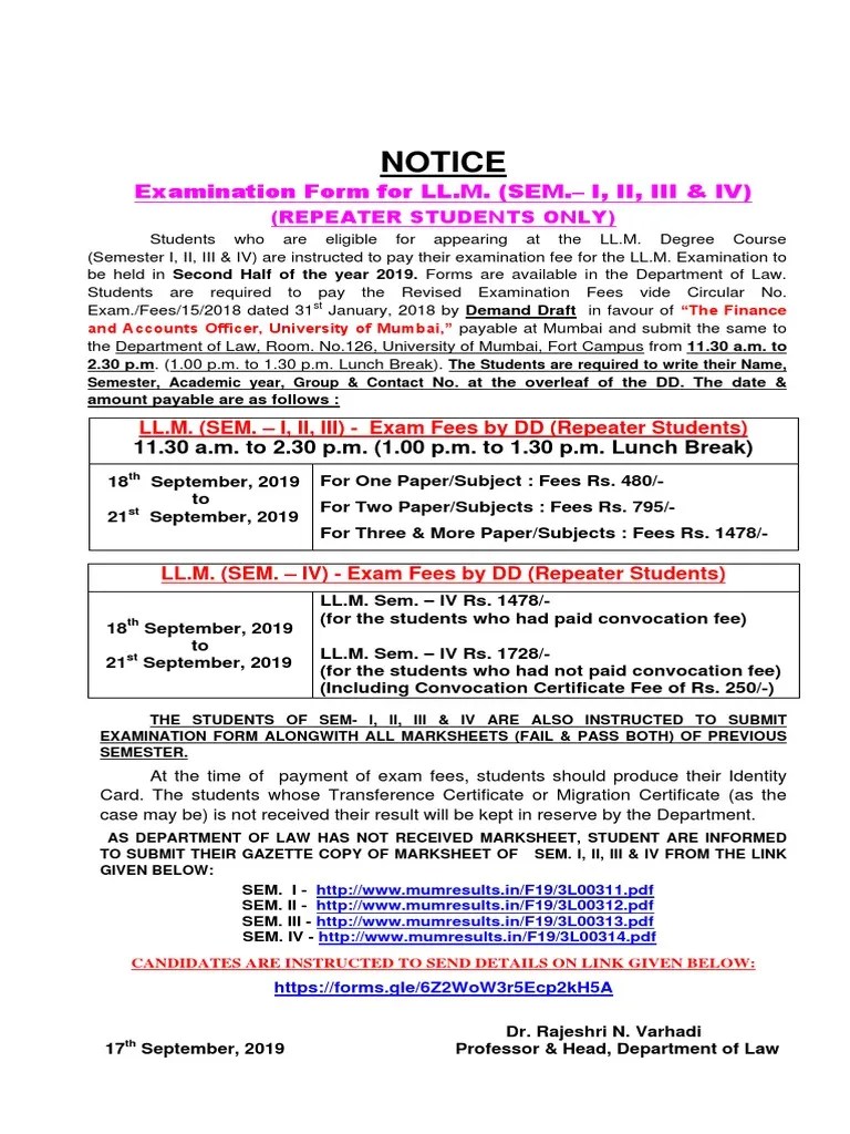 NOTICE LL.M. Sem. I II III IV Examination Form Repeater Students PDF