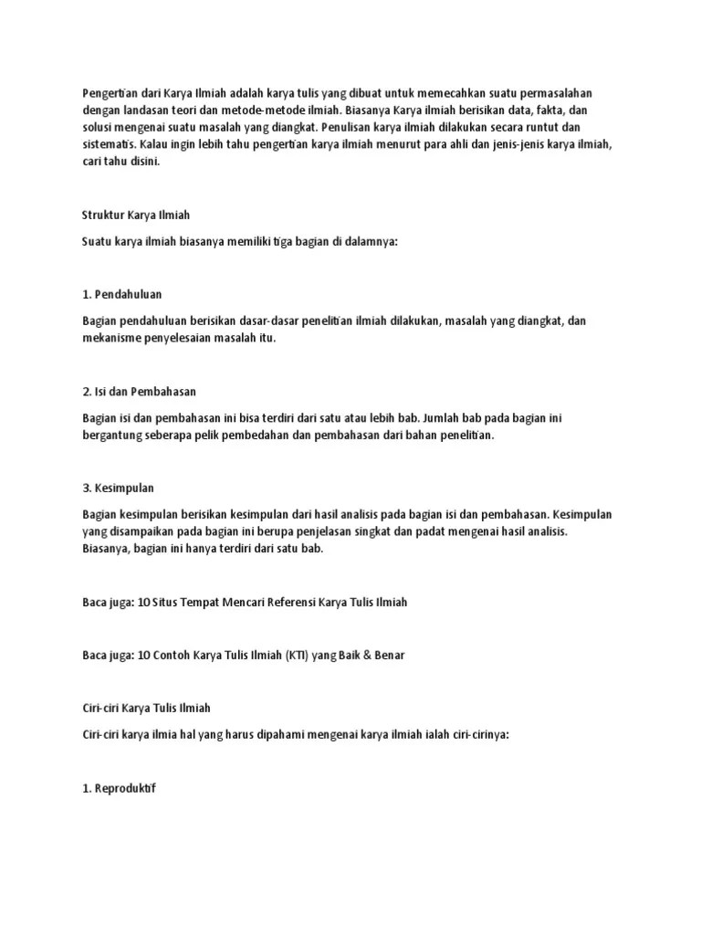 Pengertian Dari Karya Ilmiah Adalah Karya Tulis Yang Dibuat Untuk  Memecahkan Suatu Permasalahan Dengan Landasan Teori Dan Metode | PDF
