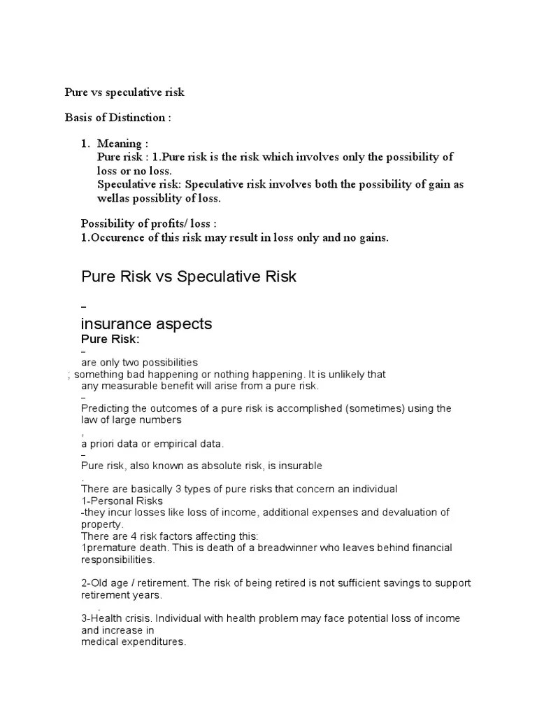 Pure Vs Speculative Risk PDF Moral Hazard Insurance