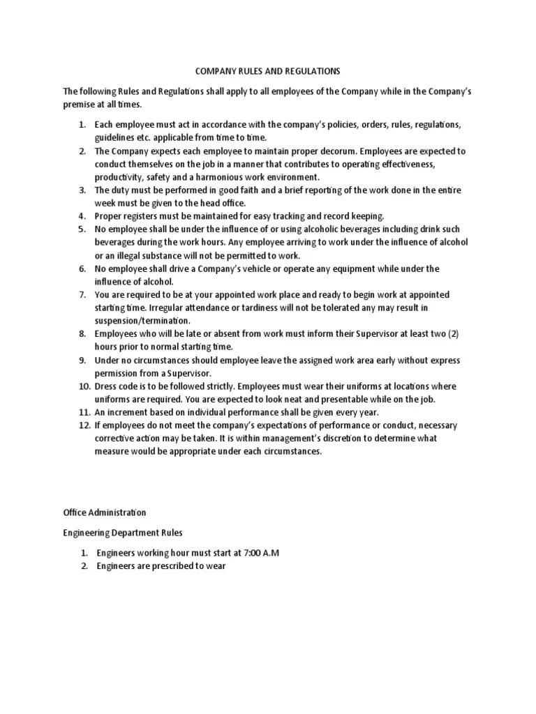 Company Rules and Regulations PDF Confidentiality Working Time