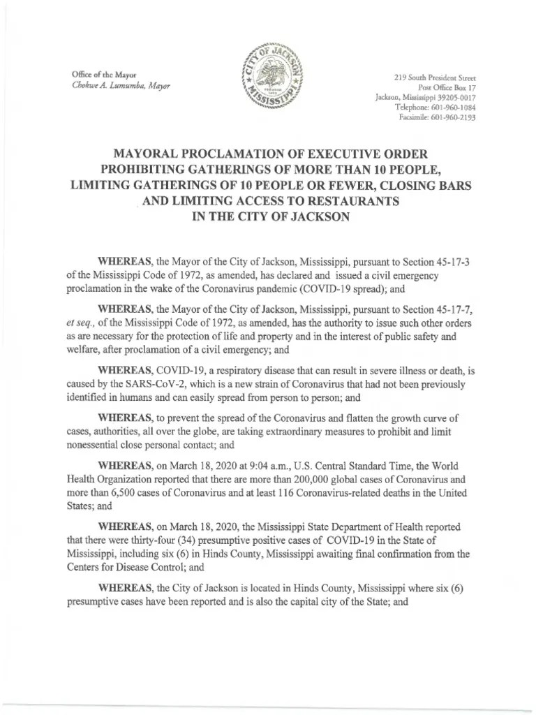 MAYORAL PROCLAMATION OF EXECUTIVE ORDER PROHIBITING GATHERINGS OF MORE
