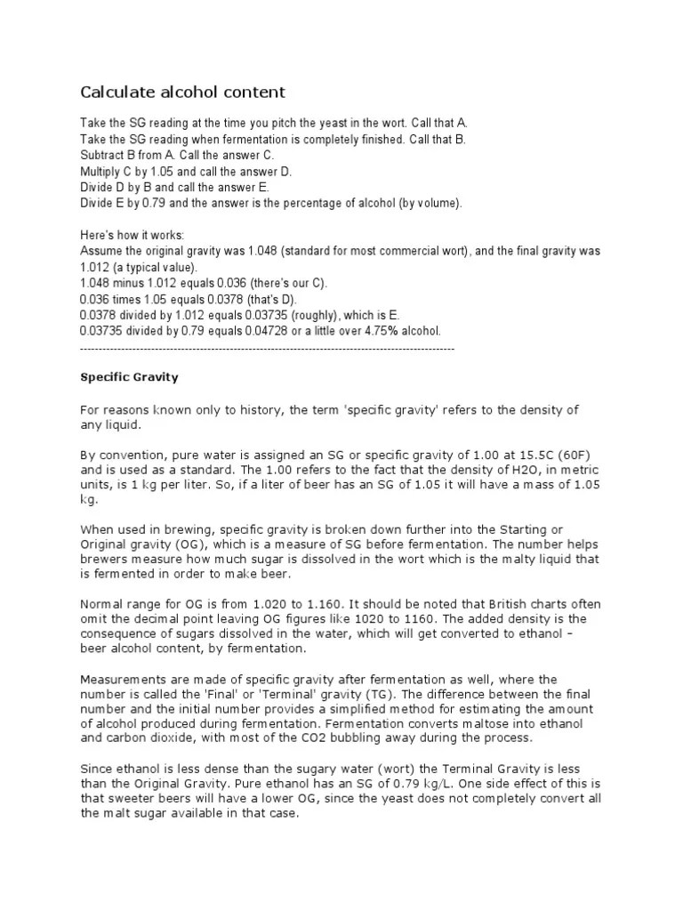 Calculate Alcohol Content Using Specific Gravity PDF Brewing Alcohol