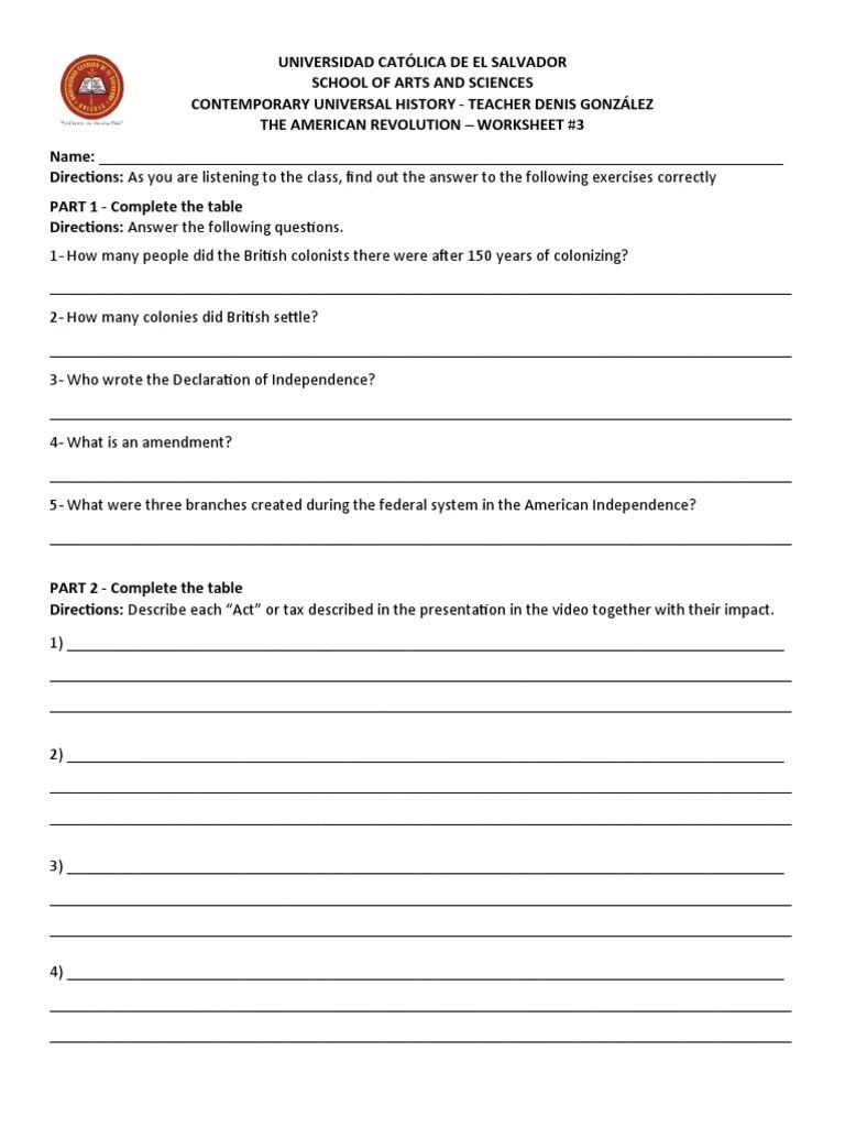 Worksheet 3 - The American Revolution | PDF | American Revolution