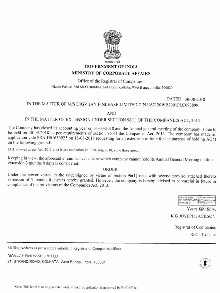 Approval Letter For Extension of AGM 24012019 PDF PDF