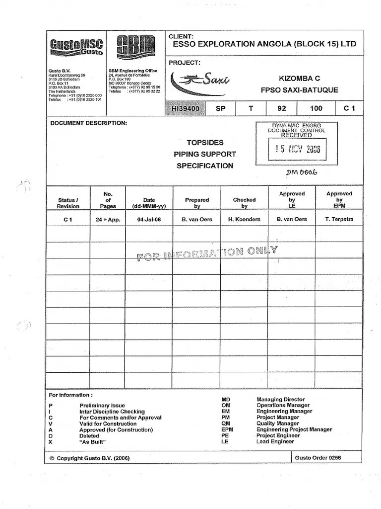 Esso Pipe Support Spec 1 PDF