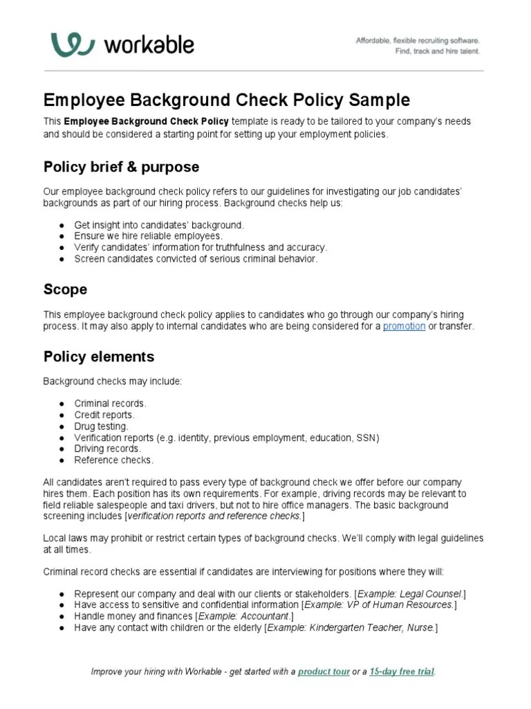 Employee Background Check Policy Sample PDF Background Check