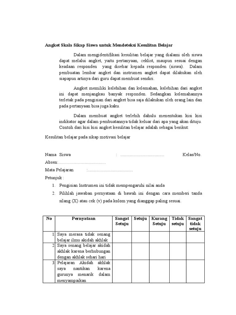 Angket Skala Sikap Siswa Untuk Mendeteksi Kesulitan Belajar | PDF