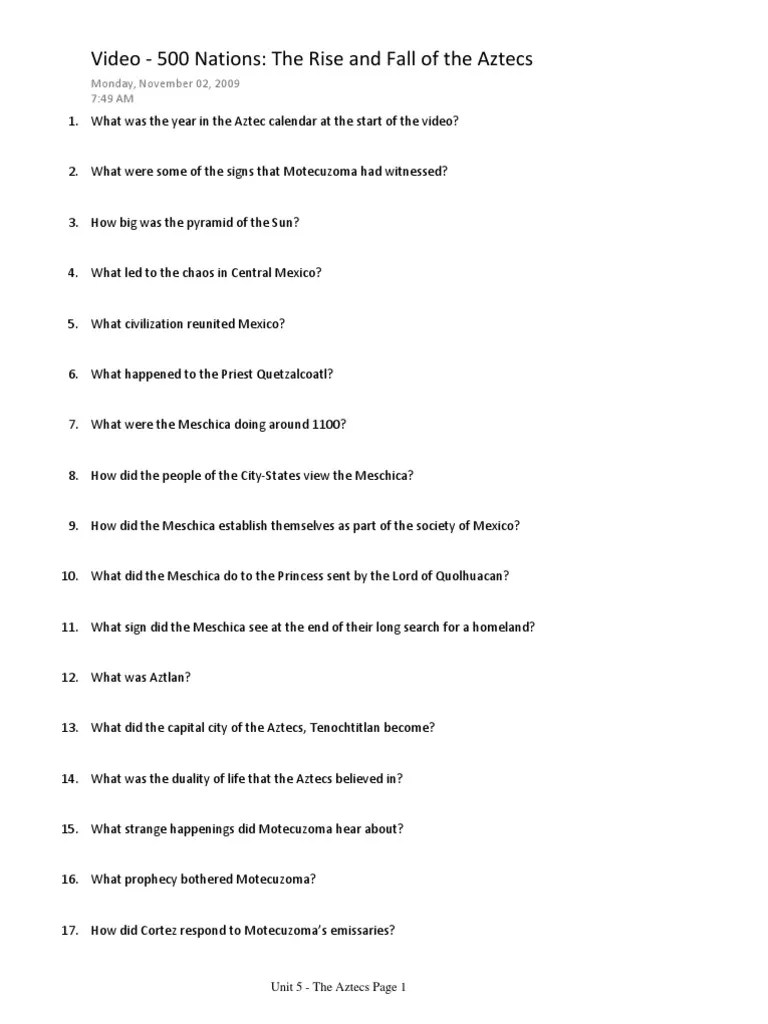 Video Questions 500 Nations The Aztecs Hernán Cortés Cultural