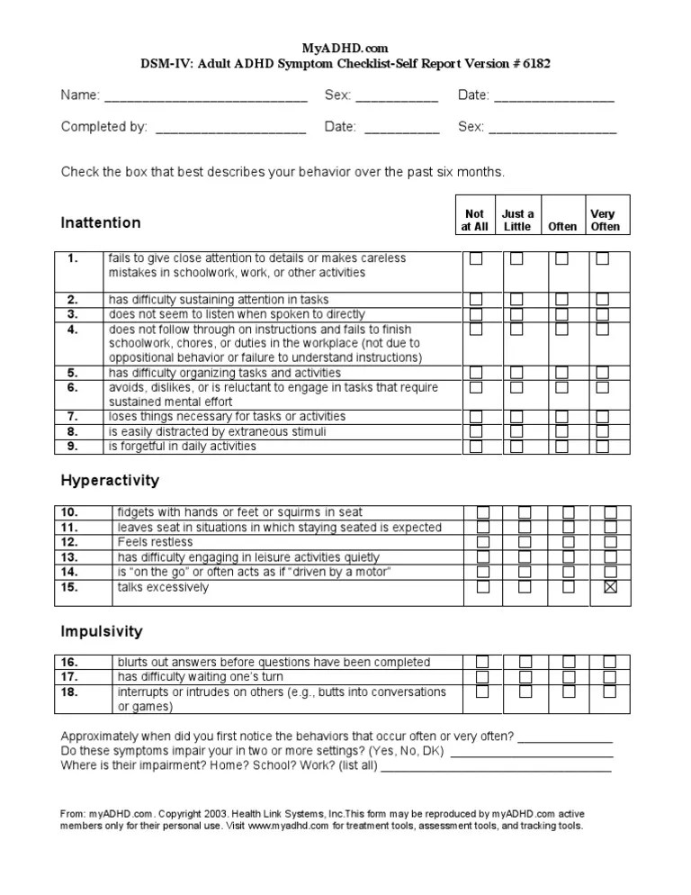 DSMIV Adult ADHD Symptom ChecklistSelf Report Version 6182 Adult