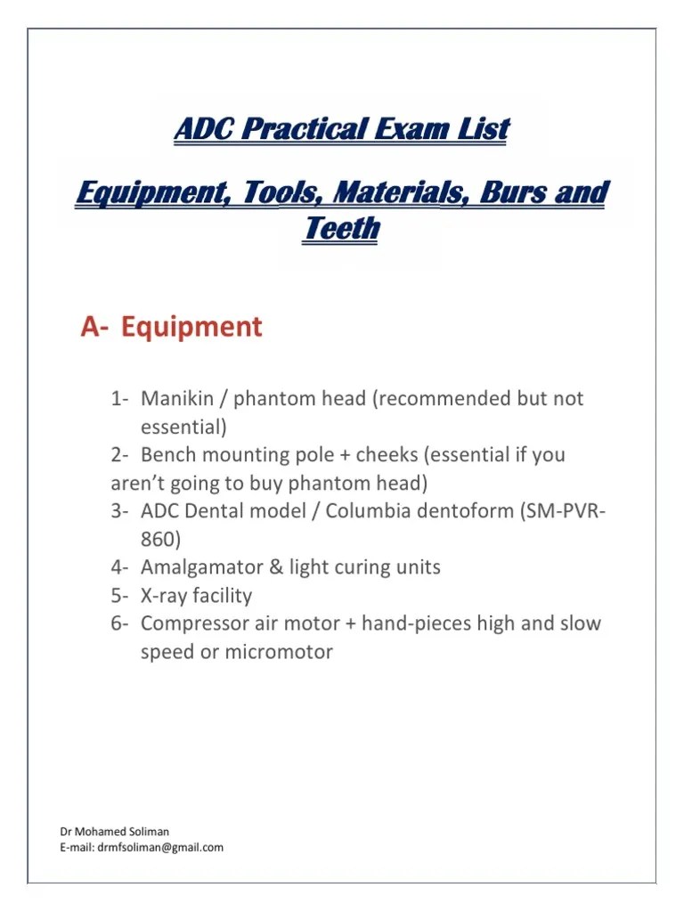 ADC Practical Exam List PDF Medical Specialties Dentistry