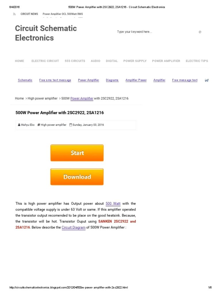 500W Power Amplifier With 2SC2922, 2SA1216 - Circuit Schematic