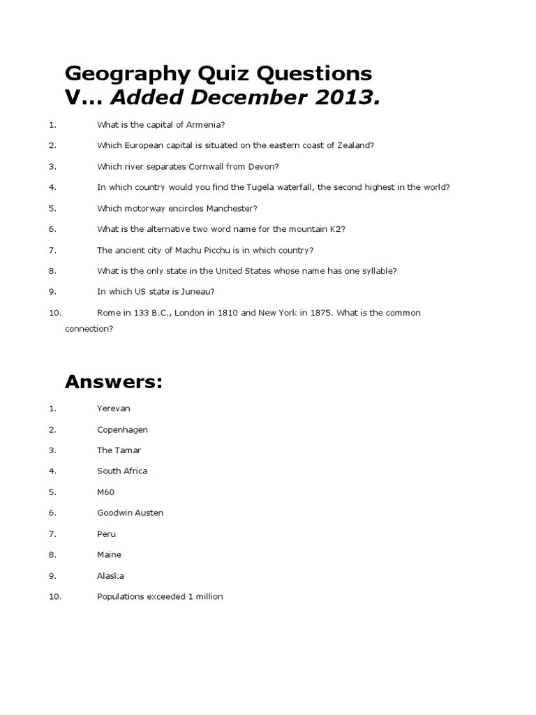 Geography Quiz Questions V PDF Earth Sciences Geography
