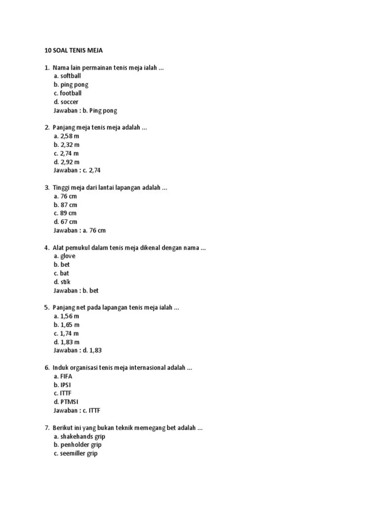 Soal Tenis Meja Dan Bulu Tangkis | PDF