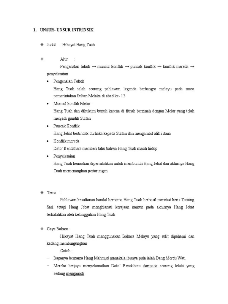 Hikayat Hang Tuah Dan Unsur Intrinsiknya Berbagai Unsur