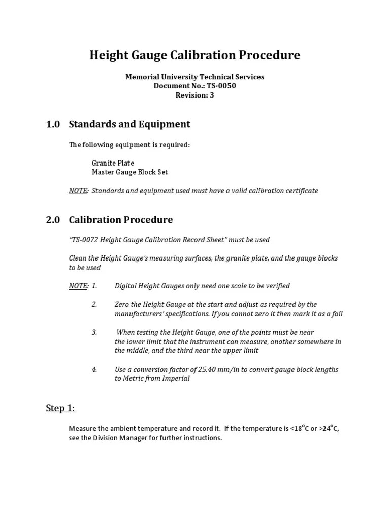 Height Gauge Calibration Procedure 1.0 Standards and Equipment PDF