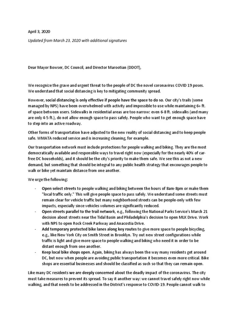 Letter to DC Officials Requesting Space for Social Distancing April 3