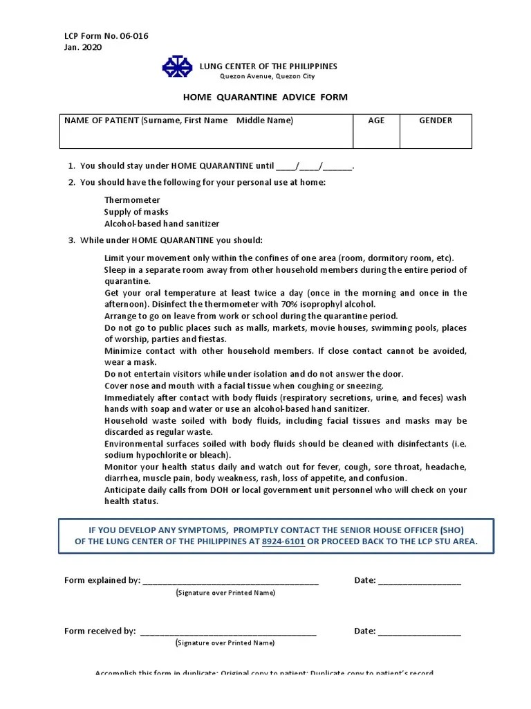 Home Quarantine Advice Form Disinfectant Clinical Medicine