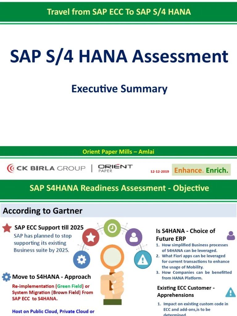 SAP S/4 HANA Assessment Executive Summary Sap Se Business