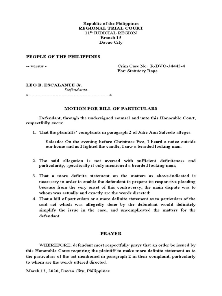 Motion For Bill of Particulars PDF Pleading Virtue