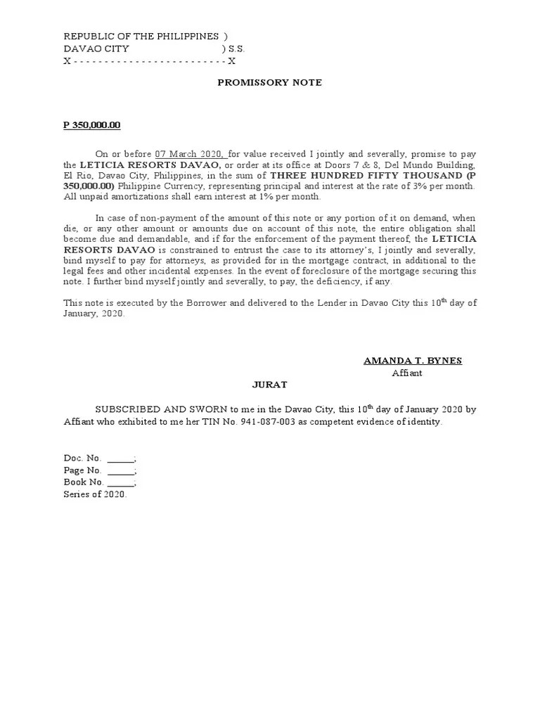 Promissory Note 350,000.00) Philippine Currency, representing