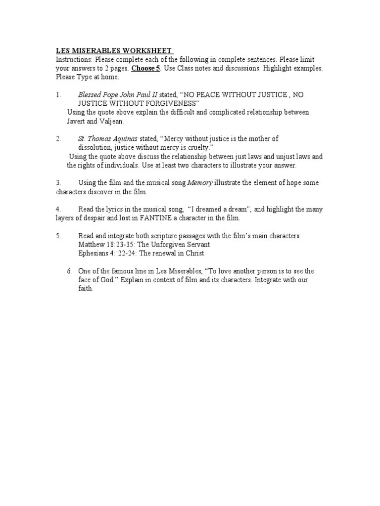 Les Miserables Worksheet PDF