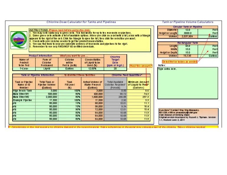 Chlorine Dose Calculator For Tanks and Pipelines Tank or Pipeline