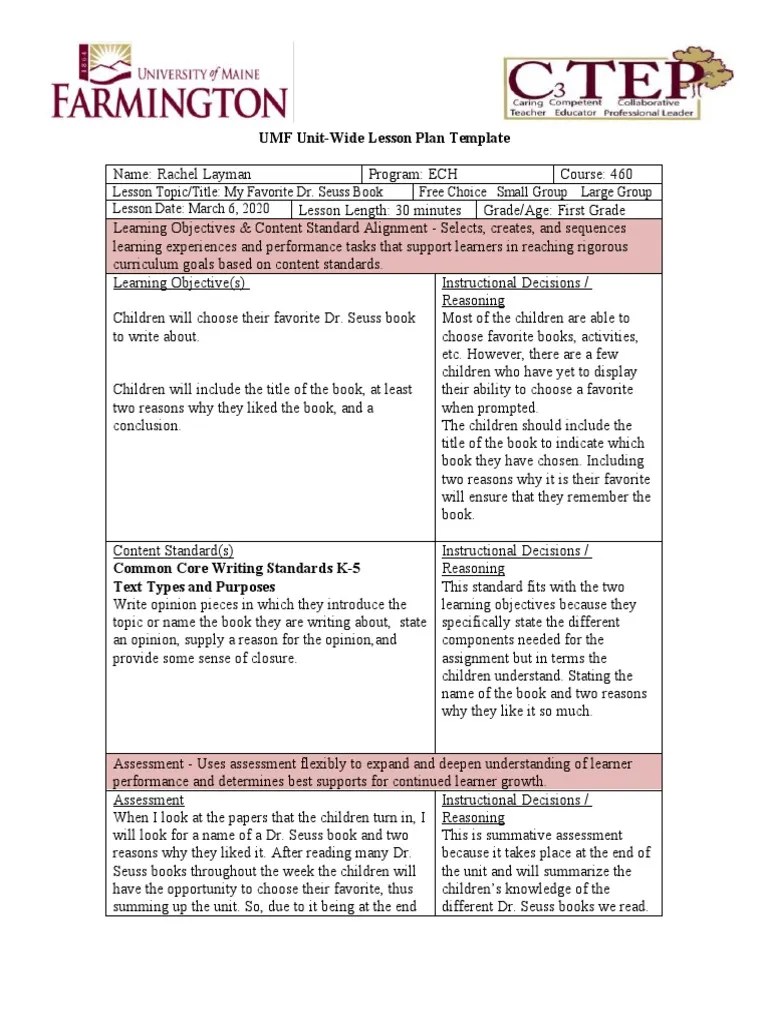 UMF UnitWide Lesson Plan Template PDF Individualized Education Program Classroom