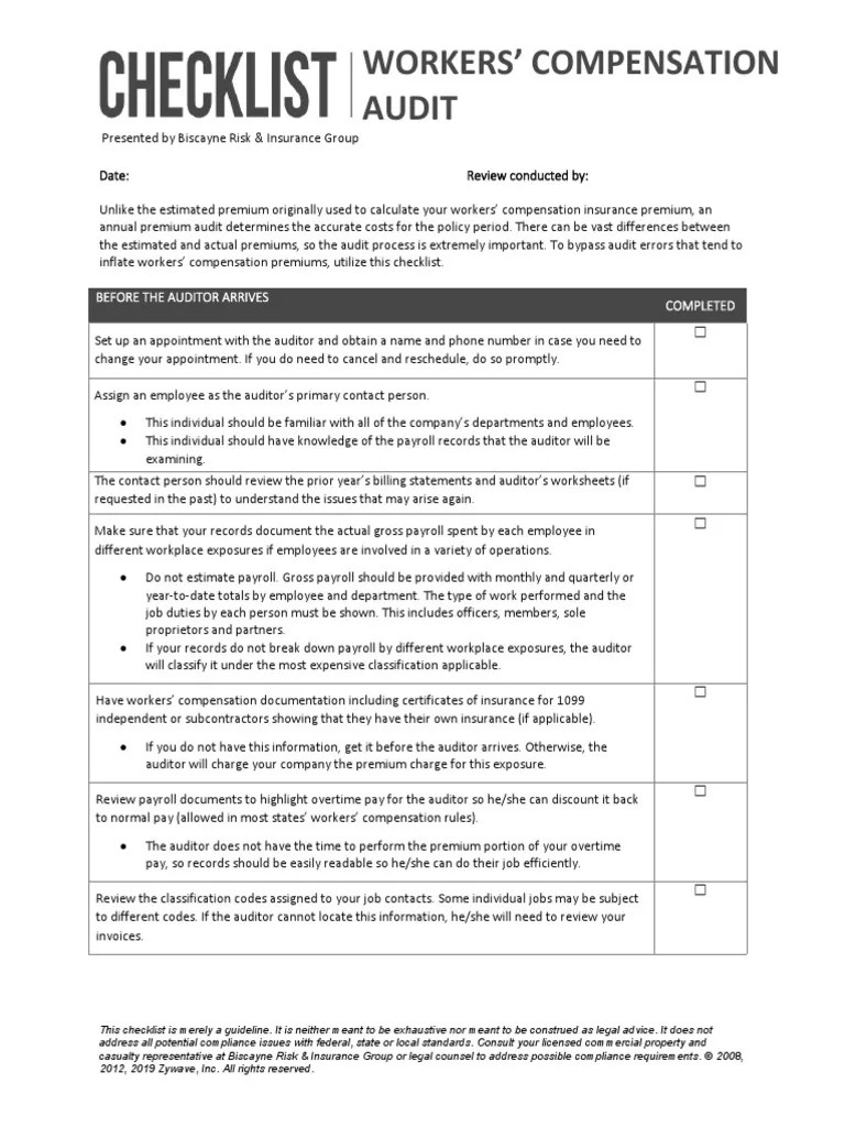 Workers Compensation Audit Checklist PDF Workers' Compensation Insurance