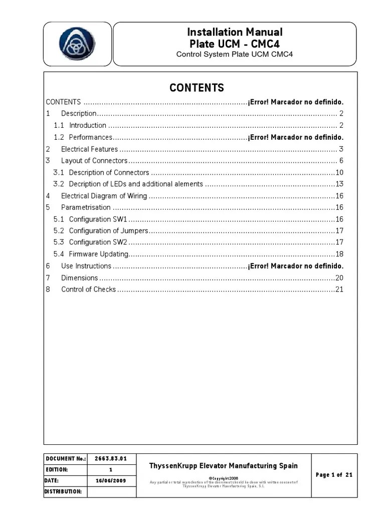 Installation Manual Plate Ucm Cmc4 Thyssenkrupp Elevator