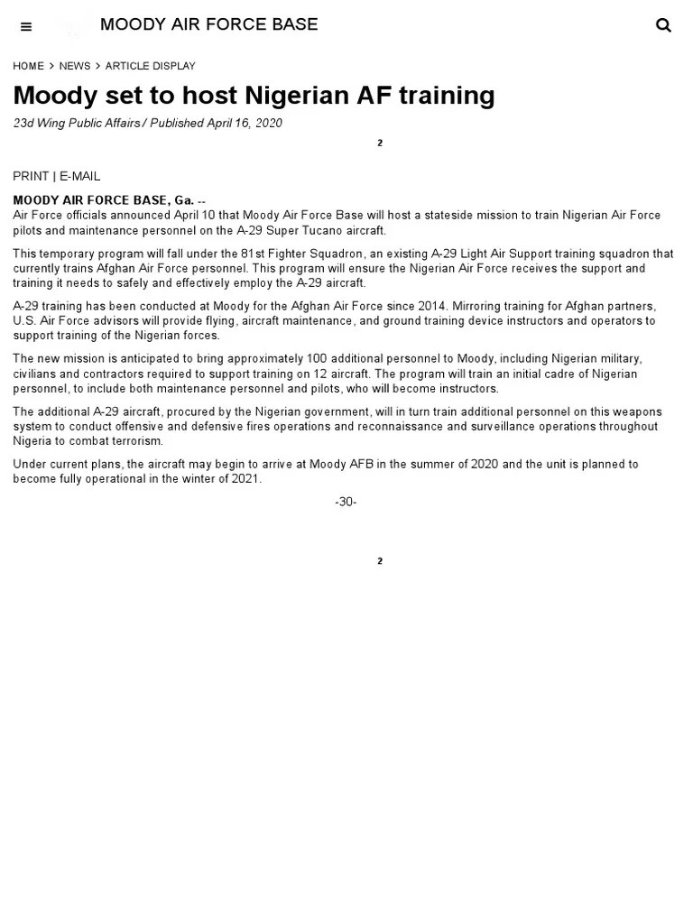 Moody Set To Host Nigerian AF Training Moody Air Force Base Article