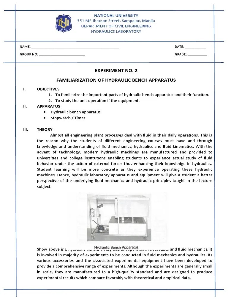 Experiment No. 2 Familiarization of Hydraulic Bench Apparatus PDF