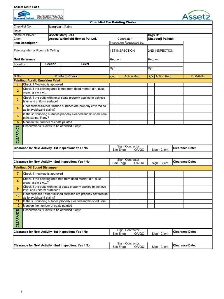 Checklist For Painting Works PDF Plastic Arts Paint