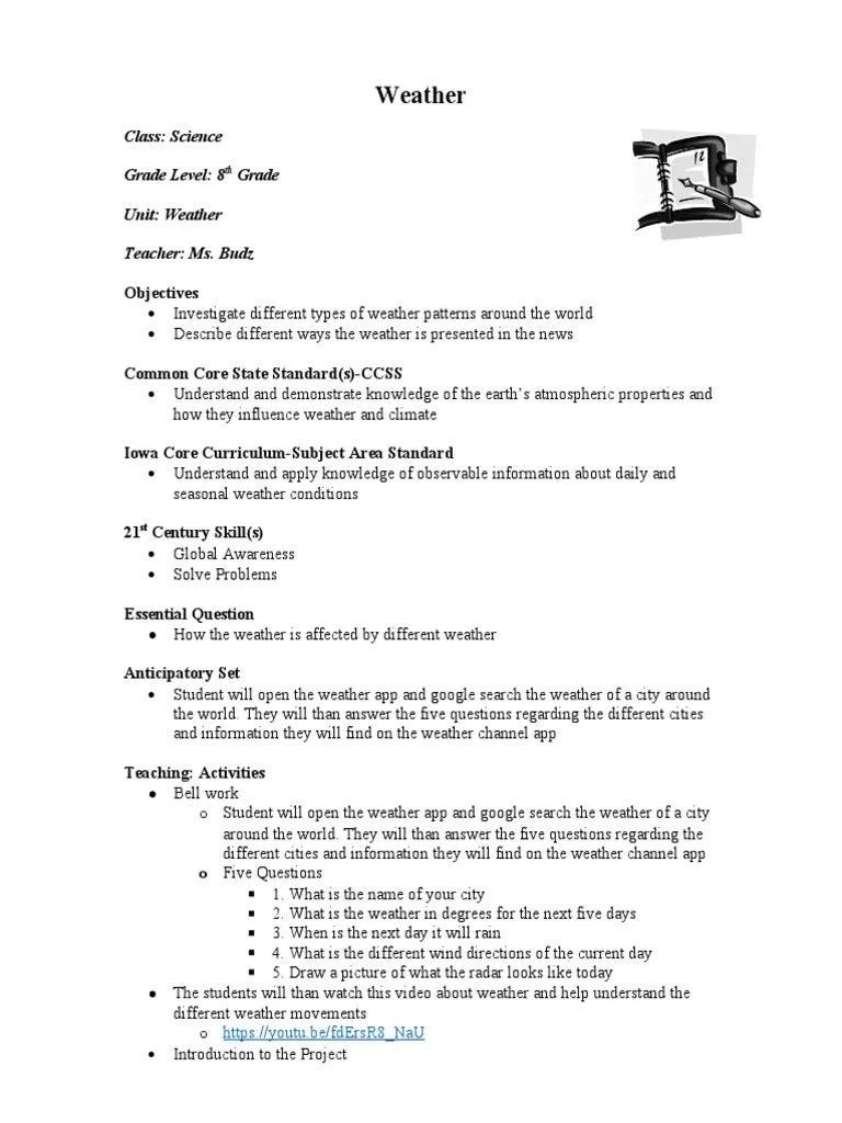 Weather Class Science Grade Level 8 Grade Unit Weather Teacher Ms. Budz PDF Weather