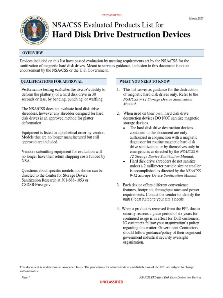 Hard Disk Drive Destruction Devices NSA/CSS Evaluated Products List