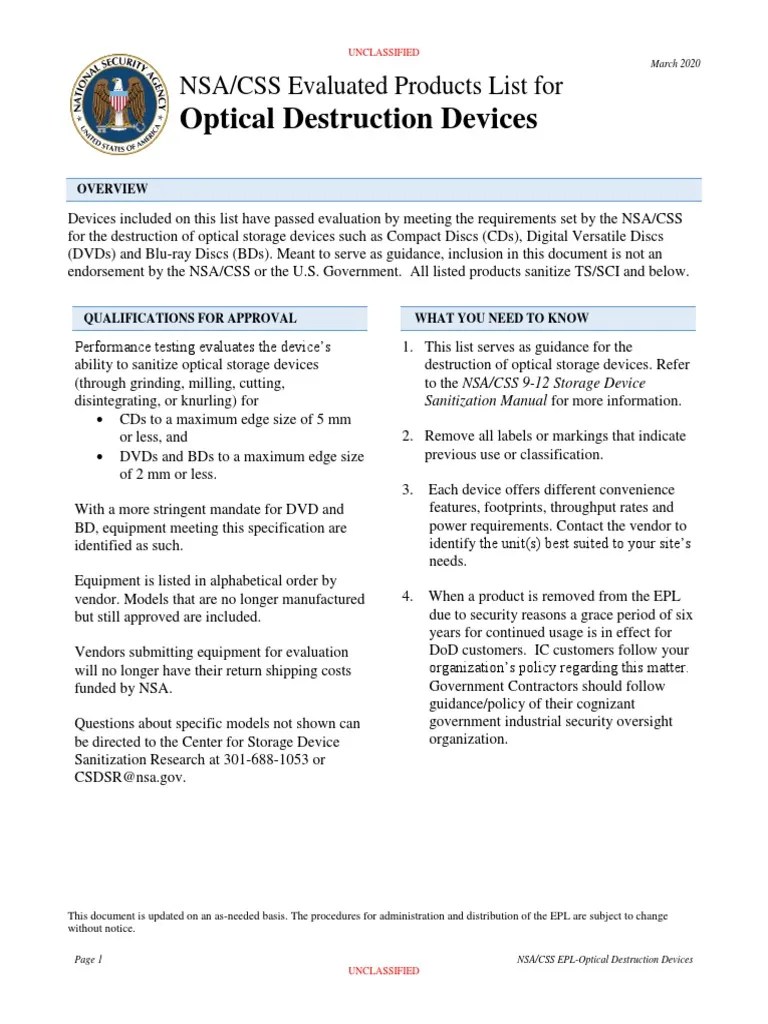 Optical Destruction Devices NSA/CSS Evaluated Products List For PDF