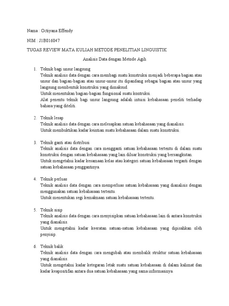 Tugas Review Analisis Data Dengan Metode Agih | PDF