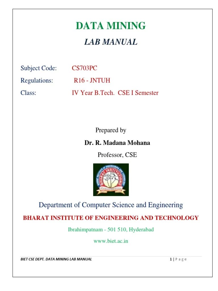 RMM Data Mining Lab Manual IvI Cse R16 20192020 PDF PDF Graphical