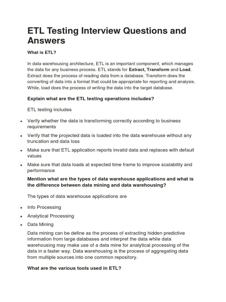 ETL Testing Interview Questions and Answers PDF PDF Data Warehouse