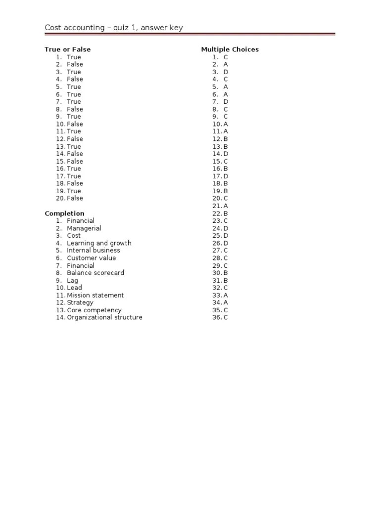 Cost Accounting Quiz 1 Answer Key PDF