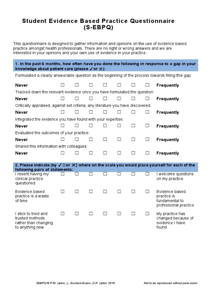 Student Evidence Based Practice Questionnaire (SEBPQ) PDF Evidence