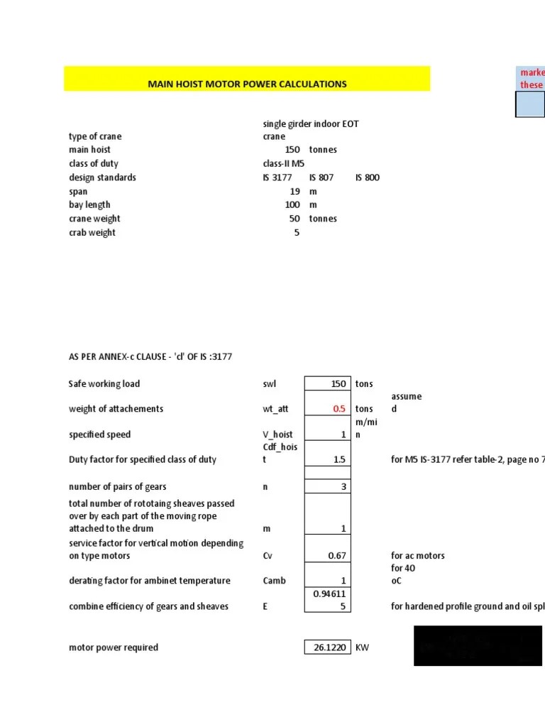 Main Hoist Motor Power Calculations PDF Crane (Machine) Machines