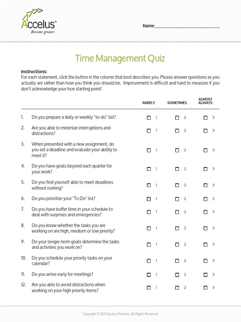 Time Management Quiz Instructions PDF Time Management