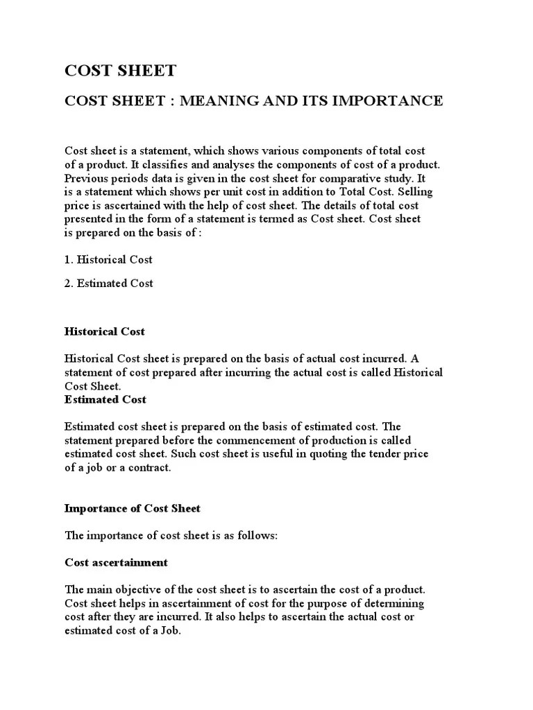 Cost Sheet Meaning and Its Importance PDF Cost Of Goods Sold Cost