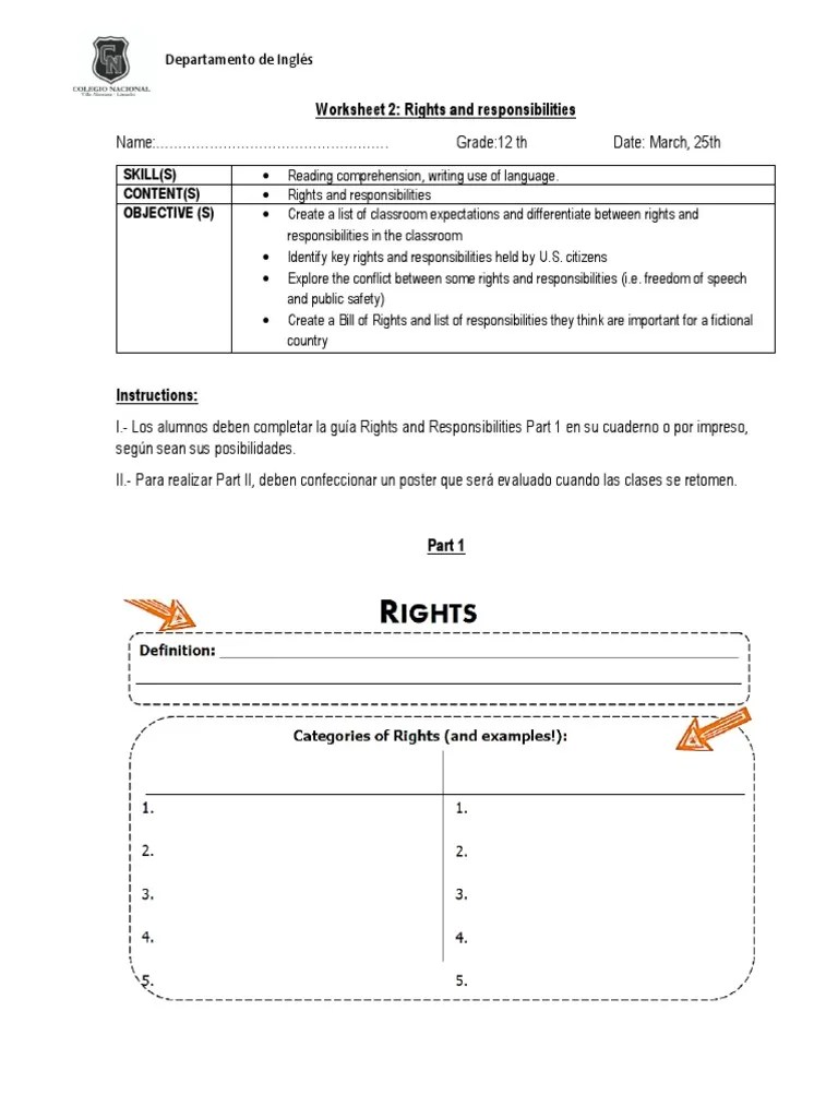 4to Rights and Responsibilities Worksheet PDF