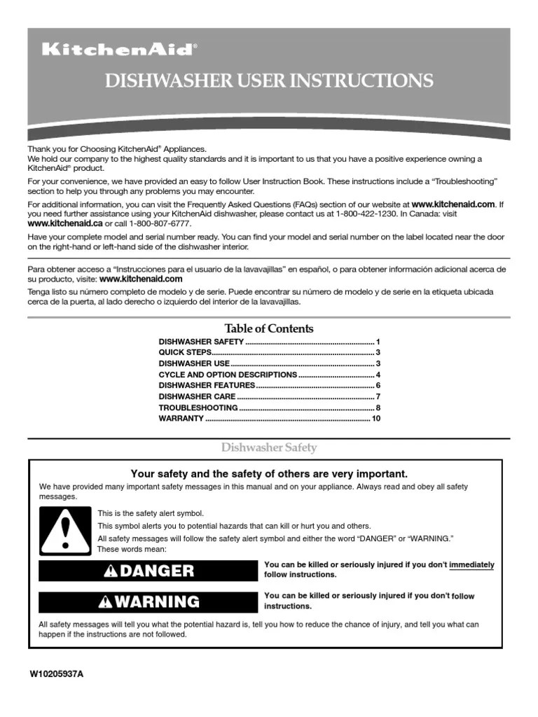 Dishwasher User Instructions Danger Warning PDF Dishwasher Home