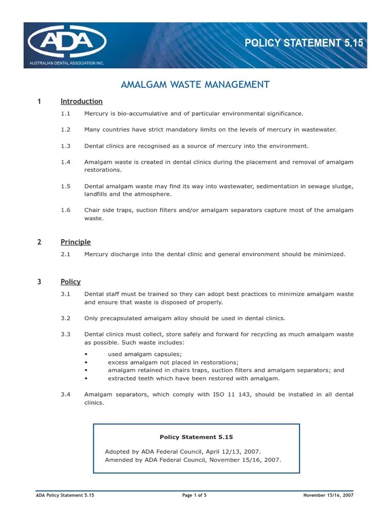 Amalgam Waste Management Policy Statement 5.15 PDF Incineration