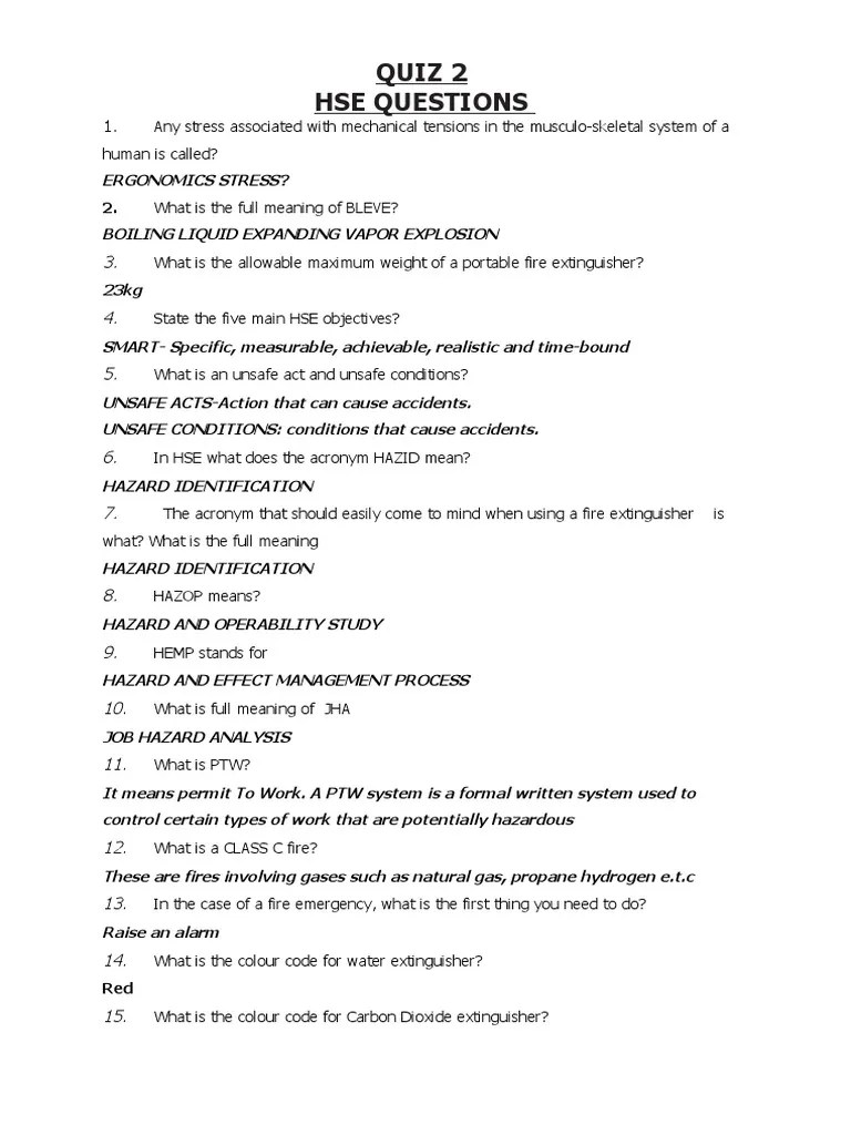 HSE Quiz Questions on Ergonomics, BLEVE, Fire Extinguishers PDF