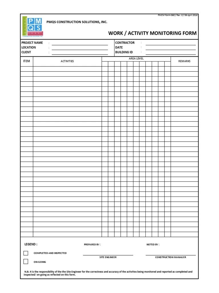 Work / Activity Monitoring Form Pmqs Construction Solutions, Inc PDF