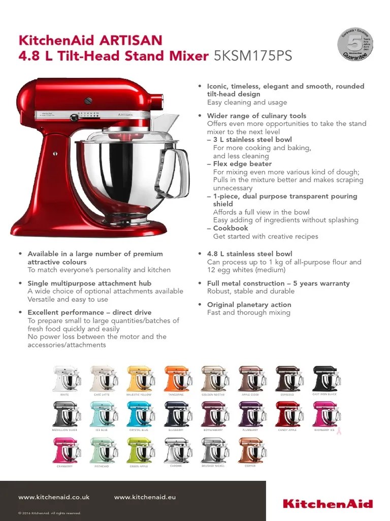Kitchenaid Artisan 4.8 L TiltHead Stand Mixer 5Ksm175Ps PDF